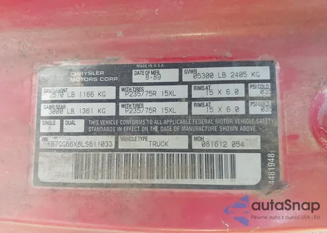 1990 Dodge Dakota Sport z USA, uszkodzony, nr VIN 1B7GG66X8LS611033